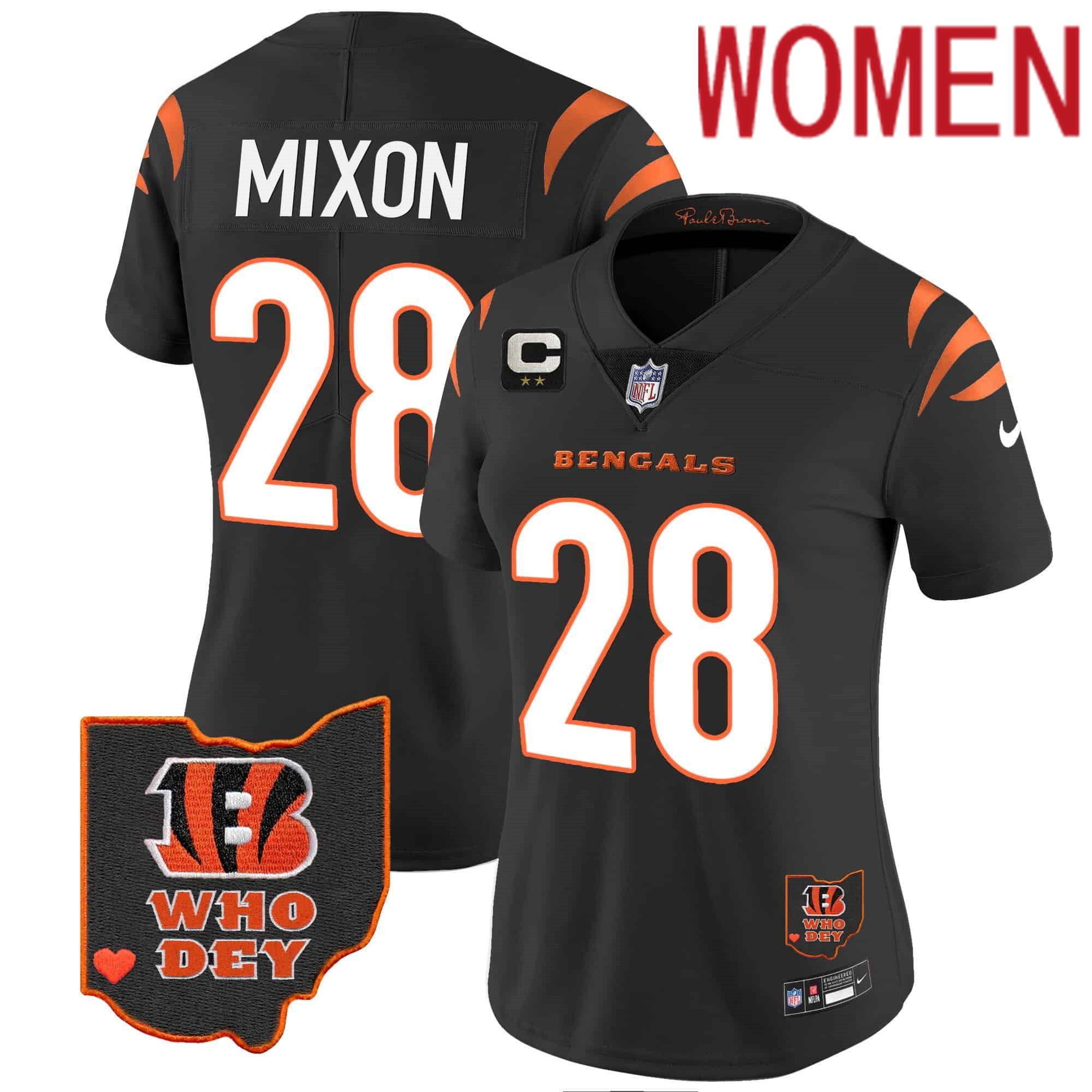 Women Cincinnati Bengals #28 Mixon Black 2024 Nike Patch Vapor Limited NFL Jersey style 1